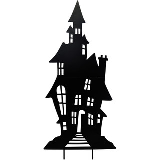 Haunted Hill Farm 69-In. Haunted House Black Iron Halloween Silhouette with Ground Stakes and Easel for Lawn, Garden, Porch and Foyer
