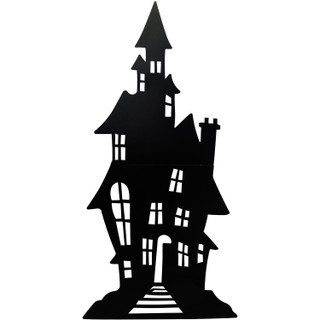 Haunted Hill Farm 69-In. Haunted House Black Iron Halloween Silhouette with Ground Stakes and Easel for Lawn, Garden, Porch and Foyer