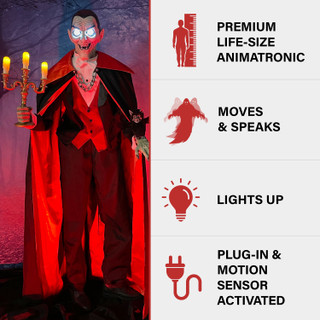 Haunted Hill Farm 5.5-Ft. Tall Motion-Activated Vampire Host by SVI, Premium Talking Halloween Animatronic, Plug-In