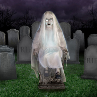 4-Ft. Motion-Activated Sitting Tombstone Girl by Tekky, Premium Talking Halloween Animatronic, Plug-In or Battery