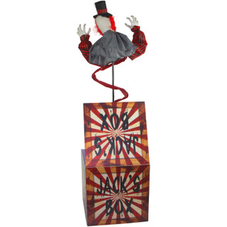 Haunted Hill Farm 69-In. Jack the Animatronic Clown in a Box, Indoor or Covered Outdoor Halloween Decoration, Red LED Eyes, Battery Operated
