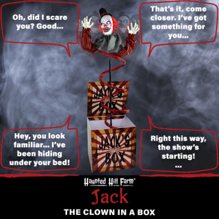 Haunted Hill Farm Life-Size Animatronic Clown Jack in the Box with Lights and Sound, Indoor or Covered Outdoor Halloween Decoration