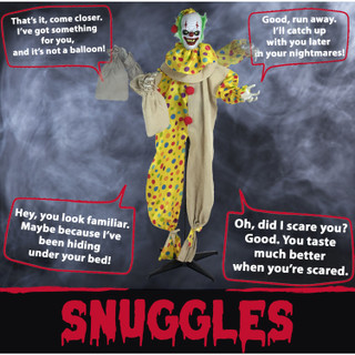 Haunted Hill Farm 65-In. Snuggles Animatronic Clown, Indoor or Covered Outdoor Halloween Decoration, Talks, Red LED Eyes, Battery-Operated