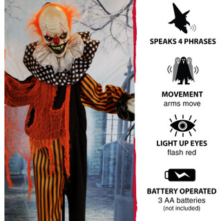 Haunted Hill Farm Life-Size Animatronic Clown with Lights and Sound, Indoor or Covered Outdoor Halloween Decoration, HHCLOWN-9FLSA
