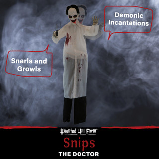 Haunted Hill Farm 5.75-Ft. Snips the Laughing Animatronic Doctor, Indoor / Covered Outdoor Halloween Decoration, Red LED Eyes, Battery Operated