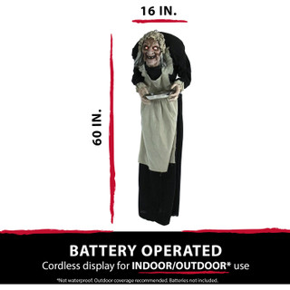 Haunted Hill Farm Life-Size Animatronic Zombie Maid, Indoor/Outdoor Halloween Decoration, Flashing Red Eyes, Battery-Operated, Moving