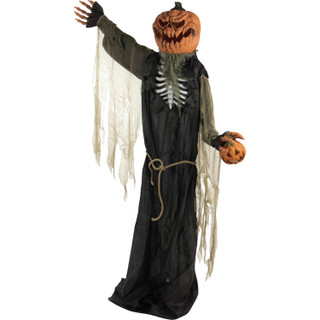 Haunted Hill Farm Life-Size Animatronic Pumpkin Man, Indoor/Outdoor Halloween Decoration, Light-up Colorful Head, Talking, Battery-Operated