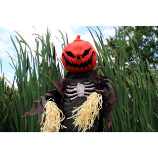 Haunted Hill Farm Life-Size Animatronic Scarecrow, Indoor/Outdoor Halloween Decoration, Flashing Colorful Eyes, Poseable, Battery-Operated