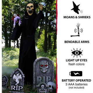 Haunted Hill Farm Life-Size Animatronic Reaper, Indoor/Outdoor Halloween Decoration, Flashing Colorful Eyes, Poseable, Battery-Operated