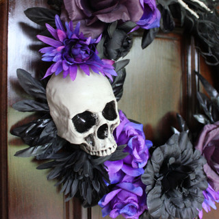 Haunted Hill Farm 17-In. Flower and Skull Wreath, Halloween Door or Wall Decoration, Purple-Black