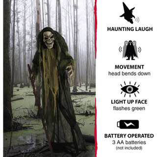 Haunted Hill Farm Life-Size Animatronic Reaper Indoor/Outdoor Halloween Decoration, Flashing Red Eyes, Poseable, Battery-Operated