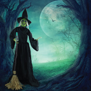 5.9-Ft. Animatronic Witch w/ Broomstick, Indoor or Covered Outdoor Halloween Decoration, Talking, Poseable, Battery-Operated
