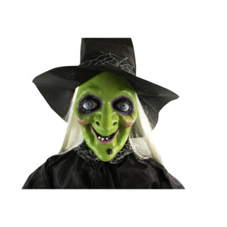 5.9-Ft. Animatronic Witch w/ Broomstick, Indoor or Covered Outdoor Halloween Decoration, Talking, Poseable, Battery-Operated