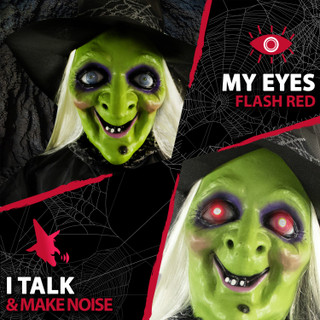 5.9-Ft. Animatronic Witch w/ Broomstick, Indoor or Covered Outdoor Halloween Decoration, Talking, Poseable, Battery-Operated