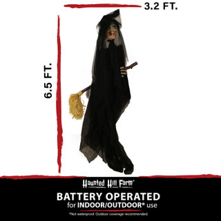 Haunted Hill Farm 6.5 ft. Witch on Broom, Indoor/Covered Outdoor Halloween Decoration, LED Red Eyes, Battery-Operated, Misty