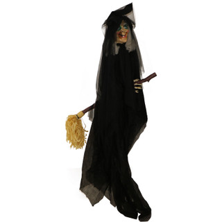 Haunted Hill Farm 6.5 ft. Witch on Broom, Indoor/Covered Outdoor Halloween Decoration, LED Red Eyes, Battery-Operated, Misty