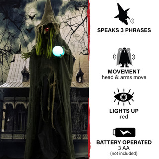 Haunted Hill Farm 6-Ft. Buella the Animatronic Fortune-Telling Witch, Indoor or Covered Outdoor Halloween Decoration, Battery Operated