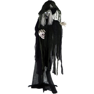 Haunted Hill Farm Edith the Talking Animatronic Witch with Shrunken Skull, Indoor or Covered Outdoor Halloween Decoration, Battery-Operated