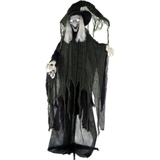 Haunted Hill Farm Edith the Talking Animatronic Witch with Shrunken Skull, Indoor or Covered Outdoor Halloween Decoration, Battery-Operated