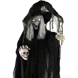 Haunted Hill Farm Edith the Talking Animatronic Witch with Shrunken Skull, Indoor or Covered Outdoor Halloween Decoration, Battery-Operated