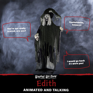 Haunted Hill Farm Edith the Talking Animatronic Witch with Shrunken Skull, Indoor or Covered Outdoor Halloween Decoration, Battery-Operated