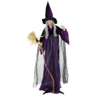 6-Ft. Animatronic Witch with Broomstick, Lights and Sound, Indoor/Covered Outdoor Halloween Decoration