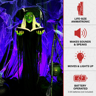 5.8-Ft. Poseable Witch with Spell Book, Lights and Sound, Indoor/Covered Outdoor Halloween Decoration