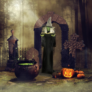 5.8-Ft. Poseable Witch with Spell Book, Lights and Sound, Indoor/Covered Outdoor Halloween Decoration