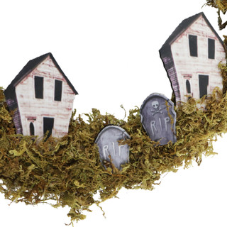 Haunted Hill Farm 15-In. Natural Grapevine Wreath with Spiders, Tombstones, and Haunted Houses for Halloween Door or Wall Decoration