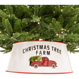 Fraser Hill Farm Metal Christmas Tree Collar with Retro Truck and Tree Design in White