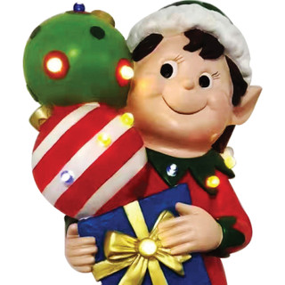 Fraser Hill Farm 30-inch Elf Figurine Holding Presents with Built-in Multicolor LED Lights