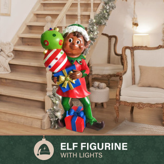 Fraser Hill Farm 30-inch African American Elf Figurine Holding Presents with Built-in Multicolor LED Lights