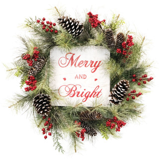 Fraser Hill Farm 26-Inch Frosted Wreath with Pinecones, Red Berries, and Merry Christmas Sign