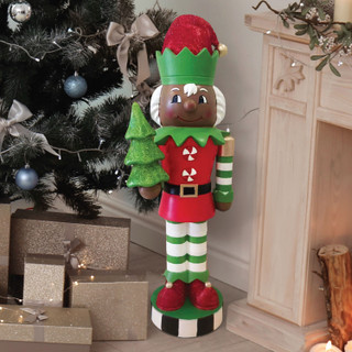 Fraser Hill Farm 36-inch African American Elf Nutcracker Figurine Holding Tree in Red/Green