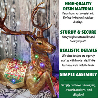 Fraser Hill Farm Indoor/Outdoor Oversized Christmas Decor with Long-Lasting LED Lights, 4-Ft. Tall Sitting Reindeer with Metallic Finish