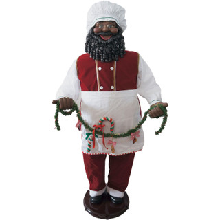 Fraser Hill Farm 58-In. African American Dancing Santa w/ Apron and Christmas Cookie Garland, Life-Size Motion-Activated Christmas Animatronic