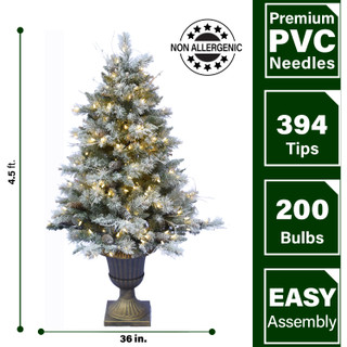 Fraser Hill Farm 4.5-Ft. Frosted Porch Accent Tree with Pinecone Accents in Decorative Pots with Warm White Lighting