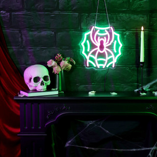 0.9-Ft. Neon Pink & Green LED Spider with Web Wall Decoration for Indoors & Covered Outdoors, Plug Operated