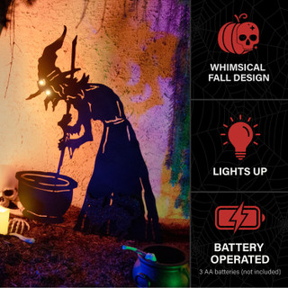 3-Ft. Black Metal Lighted Witch & Cat Decoration with Stake, Battery Operated (3 AA)