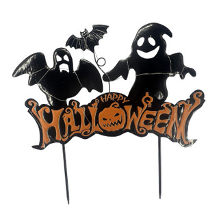 1.7-Ft. LED Black Happy Halloween Sign with Ghosts & Stake for Indoors & Covered Outdoors, (2 AA)