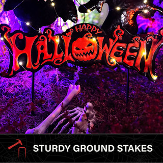 1.7-Ft. LED Black Happy Halloween Sign with Ghosts & Stake for Indoors & Covered Outdoors, (2 AA)
