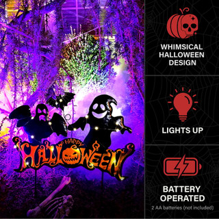 1.7-Ft. LED Black Happy Halloween Sign with Ghosts & Stake for Indoors & Covered Outdoors, (2 AA)