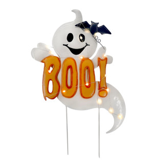 2-Ft. LED White Happy Halloween Sign with Ghosts & Stake for Indoors & Covered Outdoors, (2 AA)
