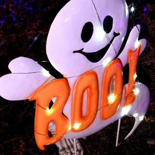 2-Ft. LED White Happy Halloween Sign with Ghosts & Stake for Indoors & Covered Outdoors, (2 AA)