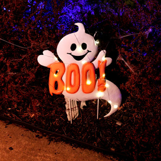 2-Ft. LED White Happy Halloween Sign with Ghosts & Stake for Indoors & Covered Outdoors, (2 AA)