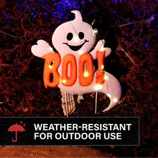 2-Ft. LED White Happy Halloween Sign with Ghosts & Stake for Indoors & Covered Outdoors, (2 AA)