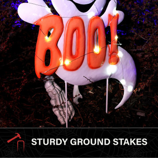 2-Ft. LED White Happy Halloween Sign with Ghosts & Stake for Indoors & Covered Outdoors, (2 AA)