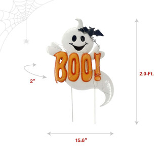 2-Ft. LED White Happy Halloween Sign with Ghosts & Stake for Indoors & Covered Outdoors, (2 AA)