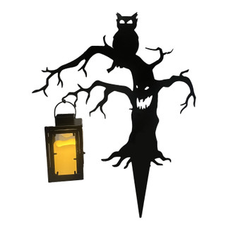 2-Ft. LED Metal Spooky Tree with Owl & Lantern for Indoors & Covered Outdoors, Plug Operated