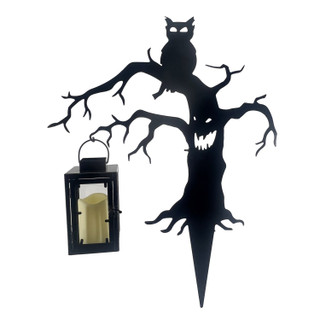 2-Ft. LED Metal Spooky Tree with Owl & Lantern for Indoors & Covered Outdoors, Plug Operated